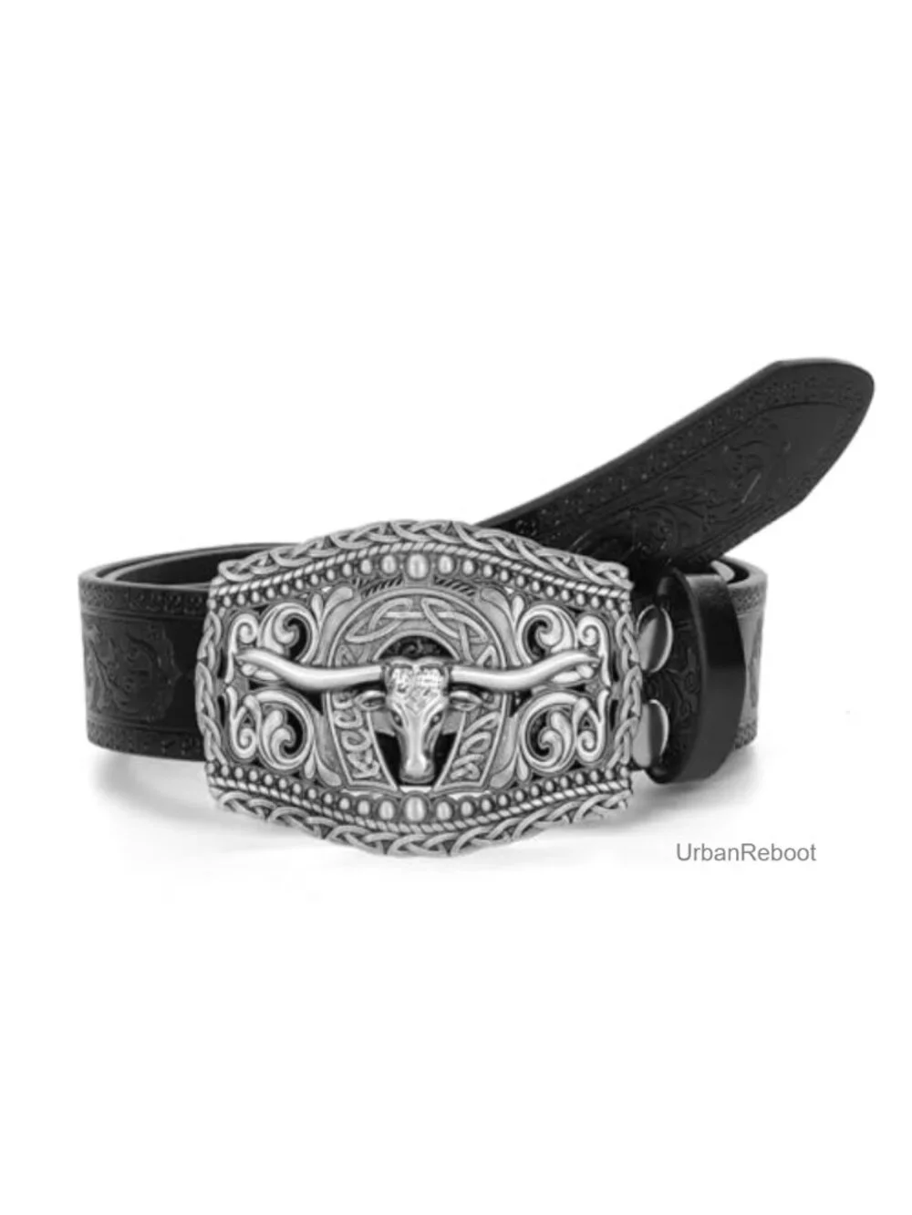 Western Cowboy PU Leather Belt Floral Engraved Buckle